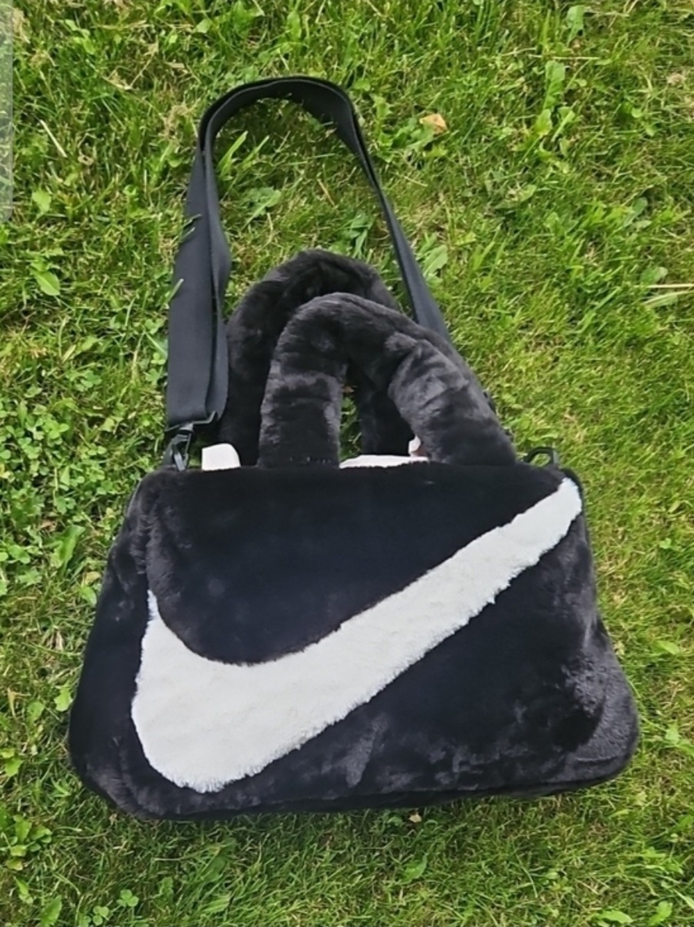 Nike Black Faux-Fur Shoulder Bag with White Swoosh Accent